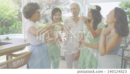 Toasting five women raising flutes on patio, wearing sash and crown, holographic cart UI overlay Toasting five women raising flutes on patio, wearing sash and crown, holographic cart UI overlay 140124823