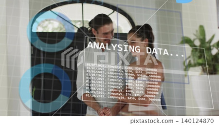 Studying man and woman in office wearing white shirt and sleeveless top analyzing data on glass Studying man and woman in office wearing white shirt and sleeveless top analyzing data on glass 140124870
