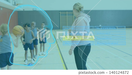 Coaching coach hoodie, leggings guiding kids on gym court, basketball cones, UI overlay, copy space Coaching coach hoodie, leggings guiding kids on gym court, basketball cones, UI overlay, copy space 140124872