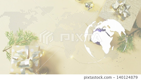 Displaying white globe silhouette on right flat-lay, with dotted world map motif, polka-dot gift 140124879