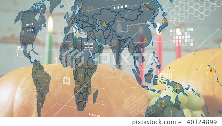 Displaying group of pumpkins sitting on tabletop in room, with world map overlay and data icons Displaying group of pumpkins sitting on tabletop in room, with world map overlay and data icons 140124899