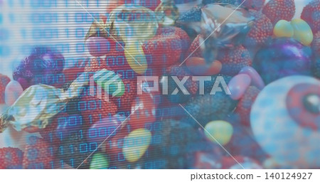 Displaying centered pile of gummies, jellybeans, toffees, swirl candy on tabletop, binary overlay Displaying centered pile of gummies, jellybeans, toffees, swirl candy on tabletop, binary overlay 140124927