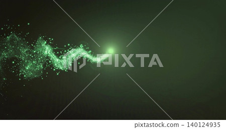 Glowing green orb sending winding particle trail across dark green background, with halo Glowing green orb sending winding particle trail across dark green background, with halo 140124935