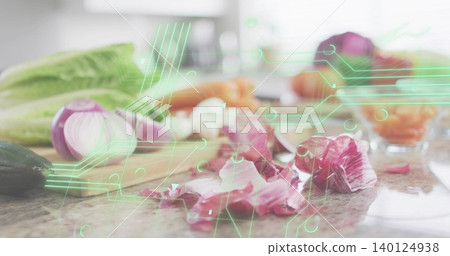 Sitting halved red onion and papery skins crowding stone countertop in kitchen, AR overlay Sitting halved red onion and papery skins crowding stone countertop in kitchen, AR overlay 140124938