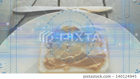 Displaying square toast slice on white plate atop wooden tabletop, showing metal knife and blue HUD Displaying square toast slice on white plate atop wooden tabletop, showing metal knife and blue HUD 140124945
