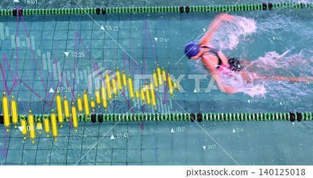 Swimming woman doing freestyle in pool right, with cap goggles swimsuit data overlays, copy space 140125018