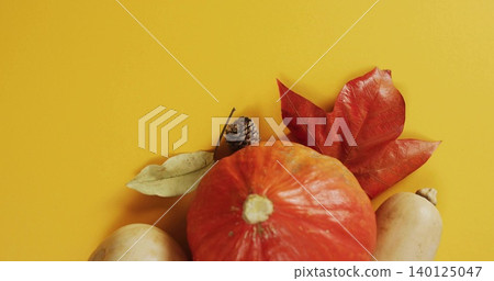 Displaying round orange pumpkin between beige squashes with maple leaf, pinecone on yellow backdrop Displaying round orange pumpkin between beige squashes with maple leaf, pinecone on yellow backdrop 140125047