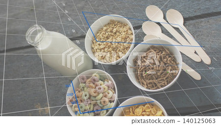 Displaying five white cereal bowls on wooden table, milk bottle, spoons, AR grid, blue boxes, ticks Displaying five white cereal bowls on wooden table, milk bottle, spoons, AR grid, blue boxes, ticks 140125063