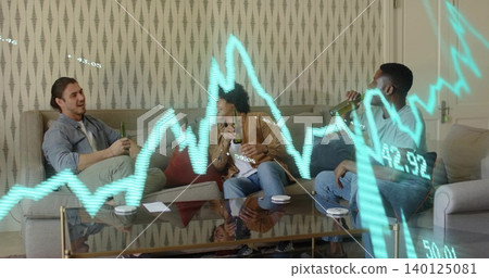 Chatting three men holding beers on living room sofa, glass table, neon chart overlay Chatting three men holding beers on living room sofa, glass table, neon chart overlay 140125081