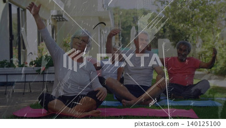 Stretching four senior adults sitting cross legged on grass lawn, in activewear on exercise mats Stretching four senior adults sitting cross legged on grass lawn, in activewear on exercise mats 140125100