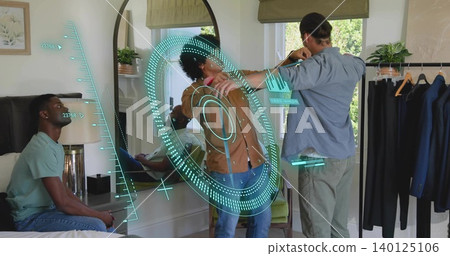 Standing man wearing brown jacket having collar adjusted in bedroom mirror fitting with AR HUD Standing man wearing brown jacket having collar adjusted in bedroom mirror fitting with AR HUD 140125106