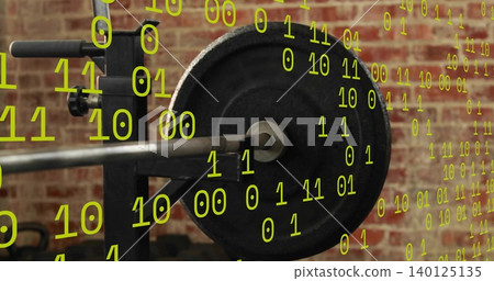 Resting loaded barbell showing knurling and collar on gym rack, with floating binary digits Resting loaded barbell showing knurling and collar on gym rack, with floating binary digits 140125135