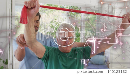 Exercising patient lifting red band overhead at home, caregiver helping arm in scrubs, tech overlay Exercising patient lifting red band overhead at home, caregiver helping arm in scrubs, tech overlay 140125182