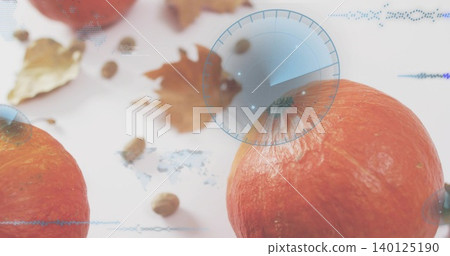 Displaying large orange pumpkin occupying right side of tabletop, with seeds, leaves, HUD graphics Displaying large orange pumpkin occupying right side of tabletop, with seeds, leaves, HUD graphics 140125190