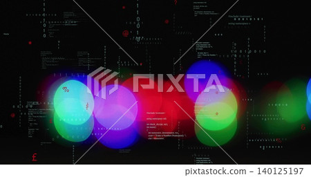 Glowing cluster overlapping colored bokeh orbs on black backdrop, with binary digits and red icons Glowing cluster overlapping colored bokeh orbs on black backdrop, with binary digits and red icons 140125197