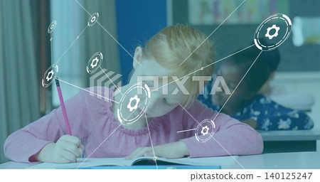 Writing girl in pink longsleeve leaning on notebook at school, holding pink pencil with overlay Writing girl in pink longsleeve leaning on notebook at school, holding pink pencil with overlay 140125247