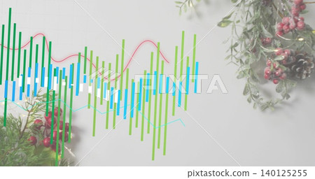 Showing chart centered on studio flat-lay, with green-blue bars, red-cyan lines, sprigs, pinecone Showing chart centered on studio flat-lay, with green-blue bars, red-cyan lines, sprigs, pinecone 140125255