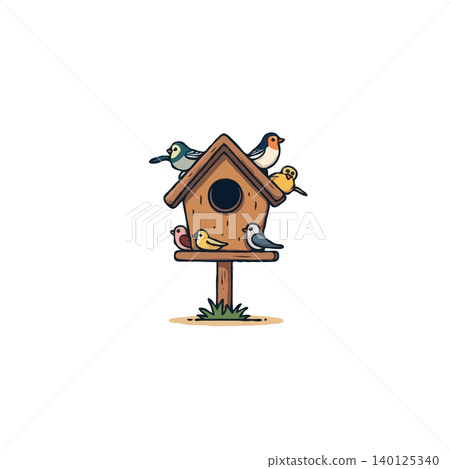 Charming illustration of a birdhouse teeming with diverse birds. The inviting roost fosters wildlife, captures nature's harmony and the delight of spring. This cheerful scene represents a vibrant Charming illustration of a birdhouse teeming with diverse birds. The inviting roost fosters wildlife, captures nature's harmony and the delight of spring. This cheerful scene represents a vibrant 140125340
