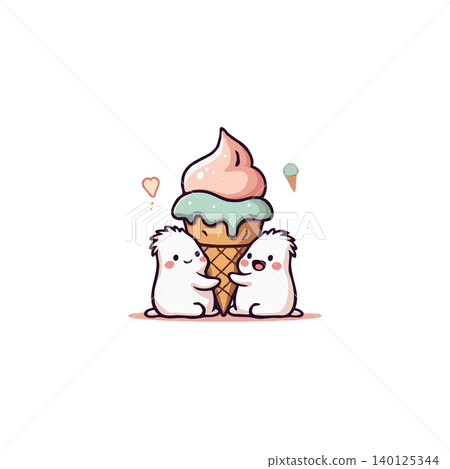 A charming cartoon illustration features two small, fluffy creatures hugging a large ice cream cone. The scene evokes a sense of joy, friendship, and shared sweetness, with soft pastel colors and A charming cartoon illustration features two small, fluffy creatures hugging a large ice cream cone. The scene evokes a sense of joy, friendship, and shared sweetness, with soft pastel colors and 140125344