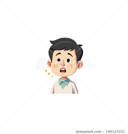 A cartoon illustration depicts a young boy with a noticeable skin issue, possibly a pimple or acne spot. His facial expression conveys worry and distress, highlighting the emotional impact of skin 140125351