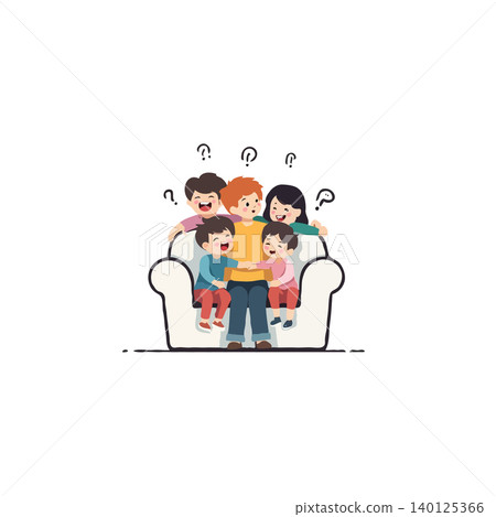 A heartwarming cartoon illustration depicts a dad being lovingly swarmed by his children on a couch, with question marks above their heads adding a touch of lighthearted confusion and highlighting A heartwarming cartoon illustration depicts a dad being lovingly swarmed by his children on a couch, with question marks above their heads adding a touch of lighthearted confusion and highlighting 140125366