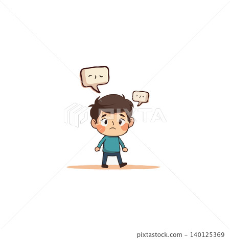This illustration portrays a thoughtful young boy, standing alone and contemplating future choices. Speech bubbles hover above him, representing his internal dialogue and uncertainty about 140125369