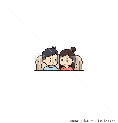A delightful cartoon illustration showcases a charming young couple contentedly relaxing together on a cozy couch. This cute and peaceful scene embodies youthful love, relaxation, and the simple A delightful cartoon illustration showcases a charming young couple contentedly relaxing together on a cozy couch. This cute and peaceful scene embodies youthful love, relaxation, and the simple 140125372