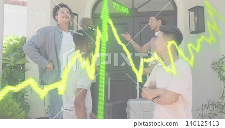 Standing five men in casual gesturing at double door, with 2 suitcases, headset, neon chart Standing five men in casual gesturing at double door, with 2 suitcases, headset, neon chart 140125413