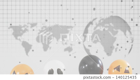 Floating row of four jack-o'-lantern, ghost and glossy black balloons along lower frame, dotted map 140125435