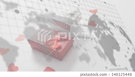 Sitting small pink gift box with satin bow on flat white surface, showing hearts map overlays Sitting small pink gift box with satin bow on flat white surface, showing hearts map overlays 140125448