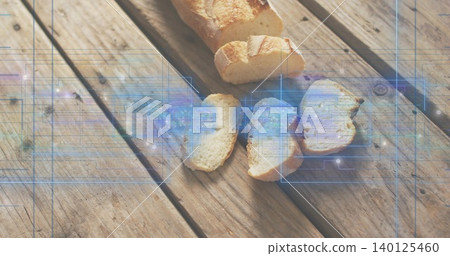 Displaying partially sliced crusty baguette with three slices on picnic table, blue HUD overlay 140125460