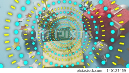 Showing festive scene with turquoise-dot spiral yellow dashes on pale blue, red gift, silver bauble Showing festive scene with turquoise-dot spiral yellow dashes on pale blue, red gift, silver bauble 140125469