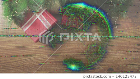 Displaying red gift box white-ribboned on wood tabletop, pine sprigs and glitch, copy space Displaying red gift box white-ribboned on wood tabletop, pine sprigs and glitch, copy space 140125472