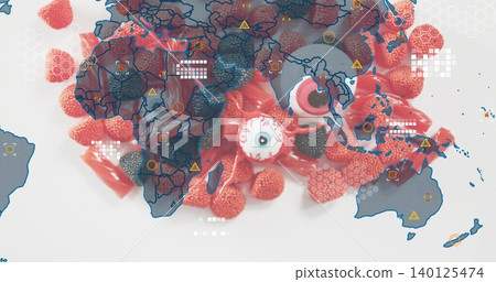 Displaying red and pink candy cluster on studio surface, showing white eyeball candy, map overlay 140125474