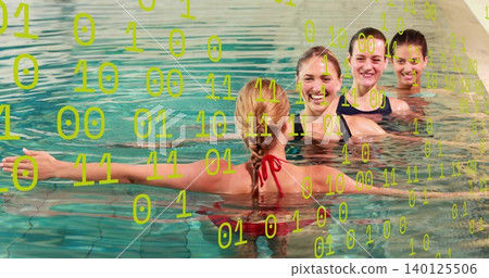 Standing four adult women in swimsuits in chest-deep pool, showing braid and pool tile binary code Standing four adult women in swimsuits in chest-deep pool, showing braid and pool tile binary code 140125506