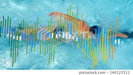 Swimming male athlete powering front-crawl in blue pool, with cap, goggles, trunks and waveform Swimming male athlete powering front-crawl in blue pool, with cap, goggles, trunks and waveform 140125511