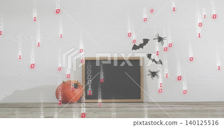 Showing small wood blackboard on wood table, with orange pumpkin, bat, spider cutouts, binary code Showing small wood blackboard on wood table, with orange pumpkin, bat, spider cutouts, binary code 140125516