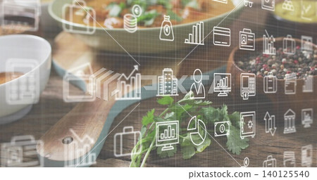 Displaying cilantro bunch centered on wooden kitchen counter, with blue trim board, data icons Displaying cilantro bunch centered on wooden kitchen counter, with blue trim board, data icons 140125540