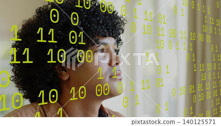 Gazing mid-adult man wearing tan jacket facing right at window with yellow-green binary overlay Gazing mid-adult man wearing tan jacket facing right at window with yellow-green binary overlay 140125571