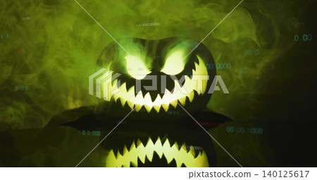 Glowing carved pumpkin casting green light on glossy table, with swirling smoke and cyan glyphs Glowing carved pumpkin casting green light on glossy table, with swirling smoke and cyan glyphs 140125617