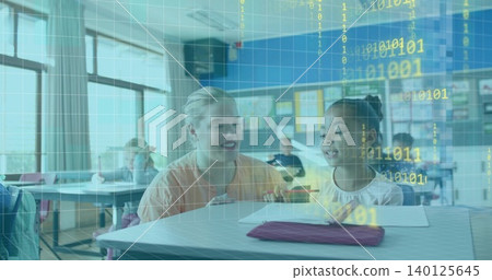 Leaning teacher and student studying notebook at front desk, with pencil case and binary overlay Leaning teacher and student studying notebook at front desk, with pencil case and binary overlay 140125645