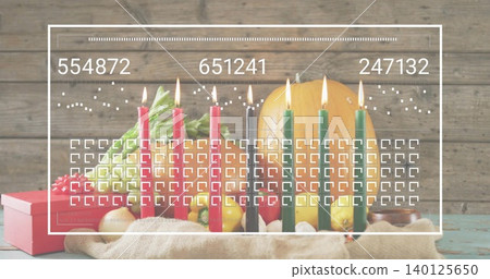 Displaying harvest display showing seven lit candles and pumpkin on turquoise table, overlay Displaying harvest display showing seven lit candles and pumpkin on turquoise table, overlay 140125650