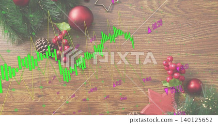 Showing market chart overlay across wooden table, with fir sprigs, pine cones, red baubles, tinsel Showing market chart overlay across wooden table, with fir sprigs, pine cones, red baubles, tinsel 140125652