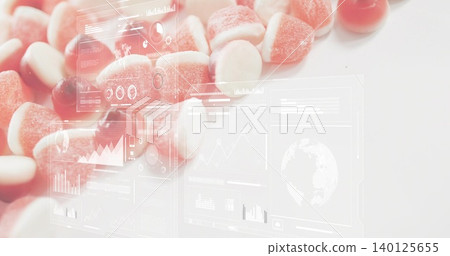 Displaying pile of red white gummy candies with sugar crystals on clean white tabletop, HUD Displaying pile of red white gummy candies with sugar crystals on clean white tabletop, HUD 140125655