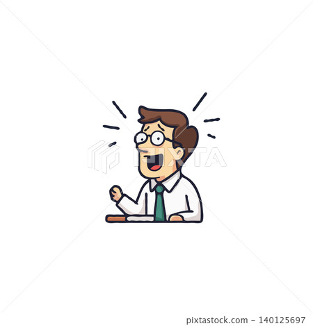 A cartoon illustration of an excited office worker conveying a sense of accomplishment and joy. He wears glasses, a tie, and radiates happiness, reflecting a successful achievement in his business 140125697