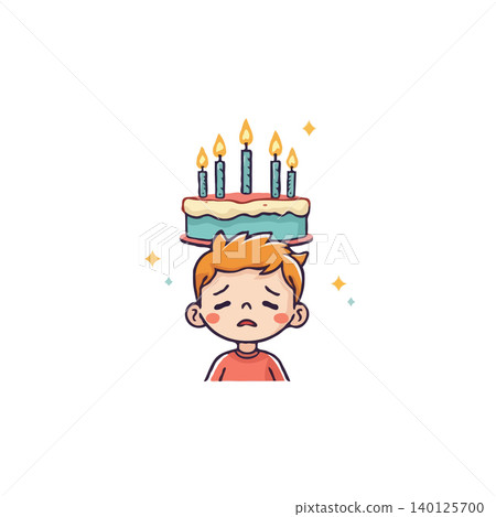 Illustration depicts a young boy with a dejected expression, burdened by a birthday cake adorned with lit candles. The scene conveys a sense of melancholy and solitude, highlighting the contrast 140125700