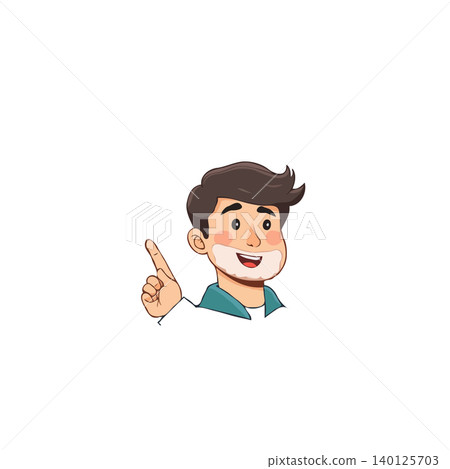 A cartoon illustration features a young man with a bright expression pointing upwards. This image is ideal for conveying ideas, presentations, education, or any concept that requires direction and 140125703