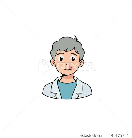 An illustrated cartoon of a young male doctor with short gray hair is shown from the chest up. He is wearing a white medical coat over a blue shirt, and he is thoughtfully chewing on his lip, An illustrated cartoon of a young male doctor with short gray hair is shown from the chest up. He is wearing a white medical coat over a blue shirt, and he is thoughtfully chewing on his lip, 140125735