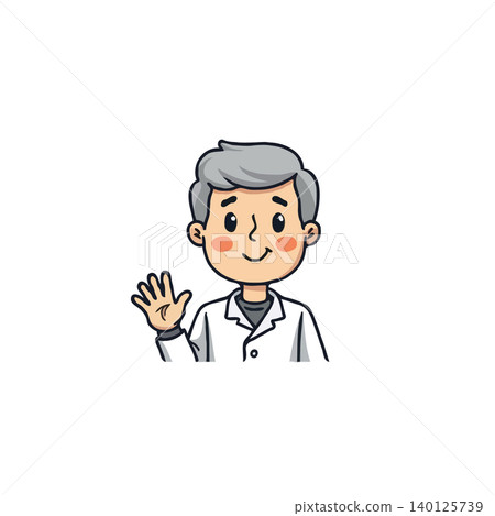 A cheerful cartoon doctor wearing a white lab coat waves with a friendly greeting. The illustration depicts a positive and approachable medical professional, representing healthcare, assistance, and A cheerful cartoon doctor wearing a white lab coat waves with a friendly greeting. The illustration depicts a positive and approachable medical professional, representing healthcare, assistance, and 140125739