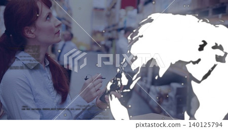 Inspecting woman in blue blouse noting shelves in retail aisle with pen, map overlay, copy space Inspecting woman in blue blouse noting shelves in retail aisle with pen, map overlay, copy space 140125794